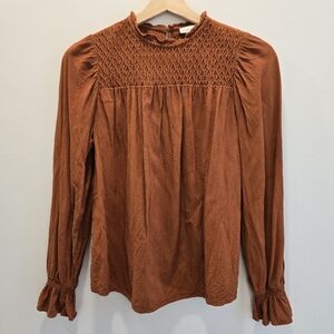 Rust Smocked Yoke Long Sleeve Blouse